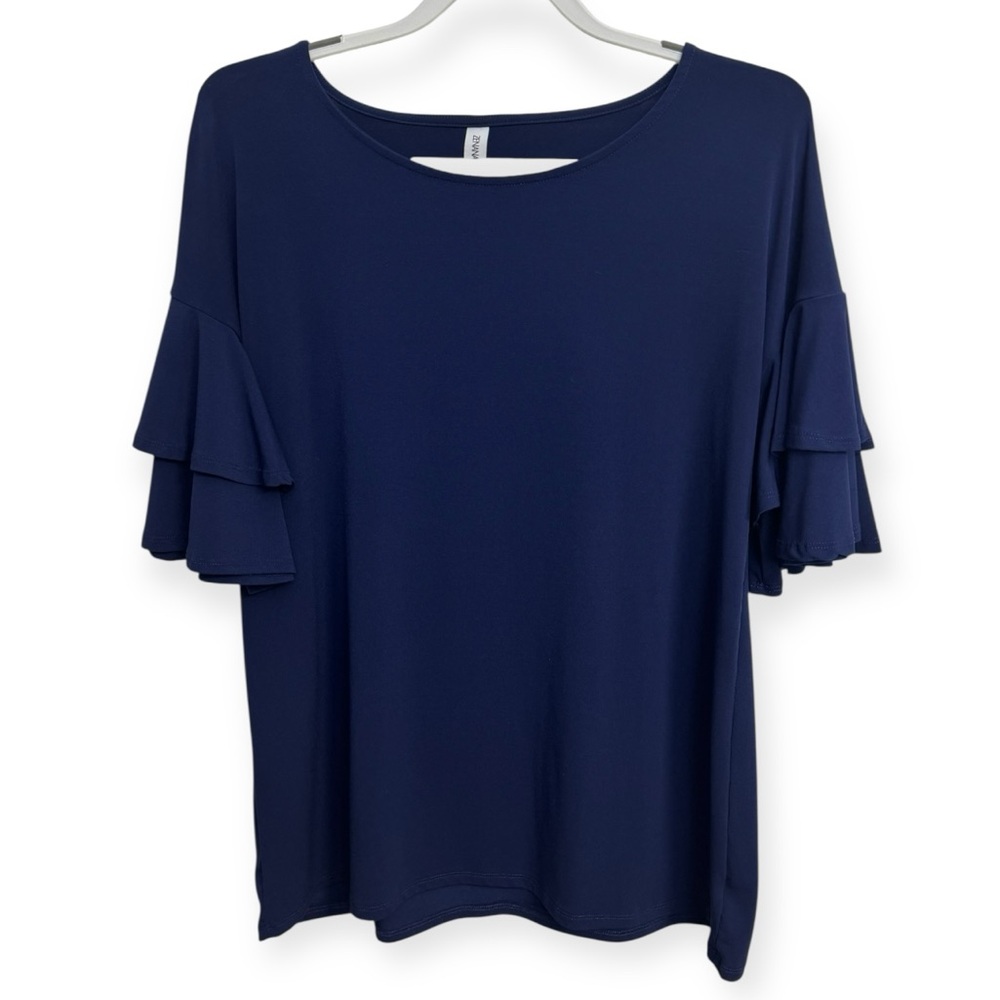 Zenana Outfitters Blue Ruffled Short Sleeve Blouse Size L